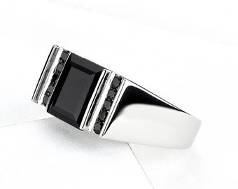 Genuine Natural Black Sapphire Right Hand Fashion Ring Emerald Cut Size 7, 9 US only ONYX in Silver Band SKU: R1419BLK-925