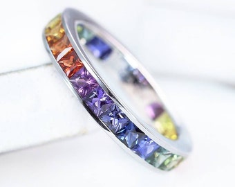 Multicolor Gemstones Full Eternity Band Women Matching Couples Wedding Band Natural Sapphire Channel Set Ring 18K White Gold 6 Carat 3.5mm