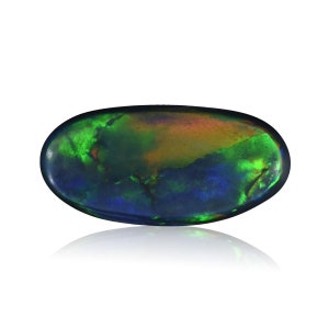 May include: A dark green, blue, and black oval opal gemstone with a reflective surface.