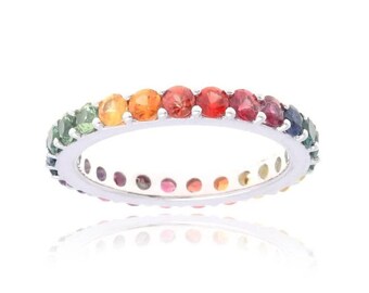 Rainbow Sapphire Eternity Ring in 14K White Gold, 5 Carat Round Cut Gemstone Wedding Band/ R1862-WG