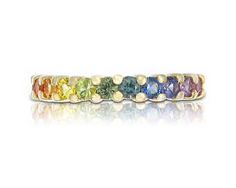 Saphir Ehering 14K Gold Regenbogen 2.8mm Rechte Hand Fashion Ring Rainbow Sapphire Modeschmuck SKU: R2047