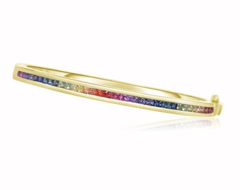 Sapphire Gold Bangle Princess Cut 2.0mm 14K Gold Ombre Vibrant Natural Sapphire Artisan Jewelry B3/212-YG