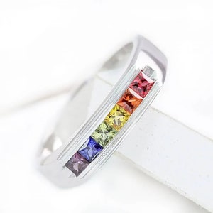 INSTOCK Bague Homme Birthday Gift Size 11 US Rainbow Sapphire Half Eternity Band Ring 14K White Gold R2123