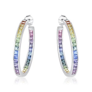 Sapphire Hoop Earrings Sterling Silver Hoop Earrings Gemstone Earrings Large Hoop Sapphire Earrings Push Present 8 Carats E1545-925