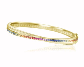 Rainbow Sapphire Bracelet 14K Yellow Gold LUXE-BOHO Bangle 1.5mm Pave Set 1.35carats Tennis Bracelet B3/215-YG