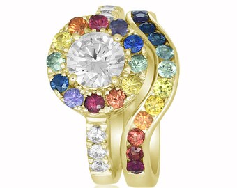 14K gult guld regnbågssafir & diamant Halo vigselring set solrosinspirerade förlovningsringar Artikelnummer: R023Aset-YG