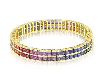 14K Gold Bracelet Rainbow Sapphire Tennis Bracelet Princess Cut 3.0mm 24 Carats Special Gift Heirloom Jewelry BRC1750PR-YG