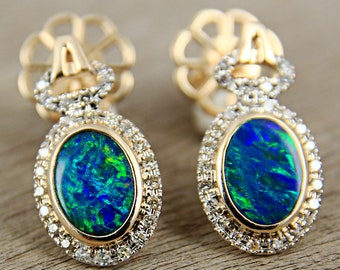 Opal Stud Earrings 14K Gold Black Opal Diamond Halo Drop Earring Studs A Initial E1881