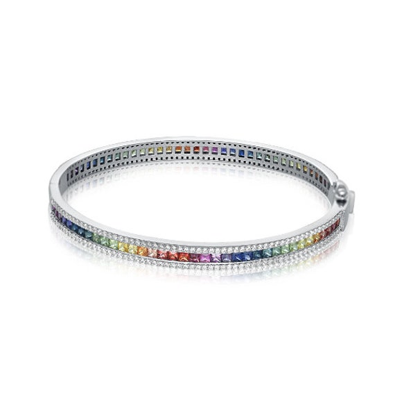 Buy 925 Silver Rainbow Sapphire Bangle With Simulated Diamond