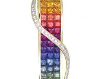 Rainbow Sapphire Diamond Invisible Set Pendant | 18K Yellow Gold | 8.28ct Total | Large Square Statement Jewelry | SKU: P472-18K-Yg