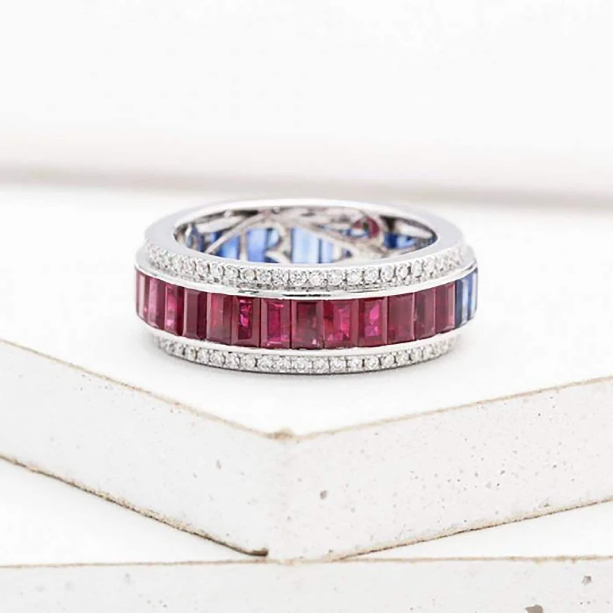 Baguette Ruby & Sapphire Ring 18K White Gold 6ct Natural Gemstones ...