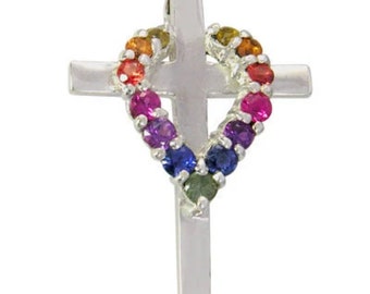 Multicolor Rainbow Sapphire Heart on Cross Pendant 14K White Gold (3/4ct tw) SKU: P1463-14K-Wg