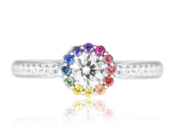 Round Rainbow Ring Halo Style Size 5.5 US only Ready to Ship Pave Silver Band SKU: R1-396