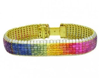 Statement Statement Regenbogen Saphir Tennis Armband, Luxuriöses mehrreihiges Diamanten Armband, 18K Gelbgold (66.32ct tw), Heirloom Jewelry 467-18K-Yg