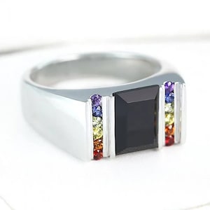 Sterling Silver Mens Wedding Band Emerald Cut Black ONYX Ring Mens Engagement Ring 925 Sterling Silver Signet Ring 9 US only