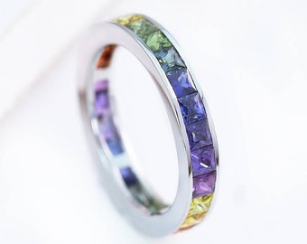 Gold Wedding Band Rainbow Sapphire Eternity Band Rings for Women Natural Sapphire 14K White Gold Ring 4 Carats Sapphire Stacking Rings