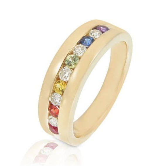 Mens Gemstone Wedding Band Man Rainbow Sapphire Promise Ring 14K