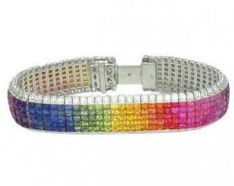 5 Reihen Regenbogen Saphir & Diamanten Tennis Armband 18K Weissgold (66.32ct tw), Heirloom Jewelry BRC467-18K-Wg