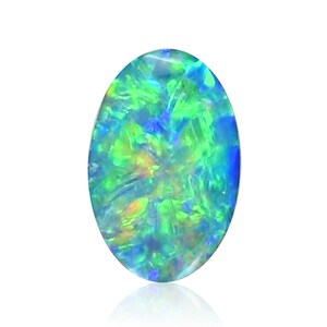 May include: Oval-shaped blue opal gemstone with green and blue iridescent flashes. The opal is set against a white background.