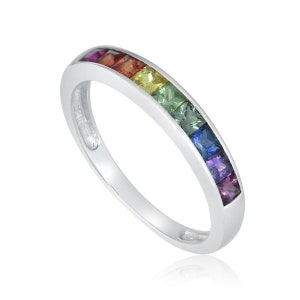 Sapphire Band Half Eternity Ring for Women Statement Natural Rainbow Sapphire Princess Cut 1 Carat 14K White Gold Ring Matching Wedding Band