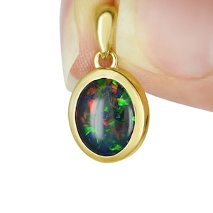Black Opal Gold Pendant Australian Opal Necklace 10x8mm Solitaire Pendant for Men 14K 18K Solid Gold Mens Opal Necklace Matching Couple