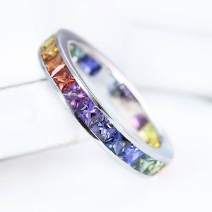 18K White Gold 4 Carat Sapphire Delicate Full Eternity Ring Natural Gems Channel Set Mens Alternative Wedding Band Rainbow Matching Couples