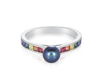 INSTOCK Tahitian Pearl Ring 925 Sterling Silver Rainbow Sapphire 2mm Princess Artisan Jewelry Size 7.5US only R3046-925i