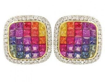 Multicolor Rainbow Sapphire & Diamond Invisible Set Earrings 14K Yellow Gold (4.5ct tw) SKU: E430-14K-Yg