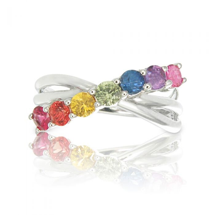 昭和レトロ Rainbow Stonewar 18cm&14cm 計8枚まとめ売 14K White Gold Rainbow Sapphire Crossover Ring 1.43ct Natural