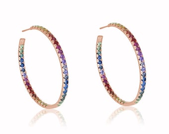 Rose Gold Earrings Hoops Rainbow Sapphire Large Hoop Earrings 14K 18K Gold 7 Carat Gemstones Earrings New Mom Gift E1492-RG