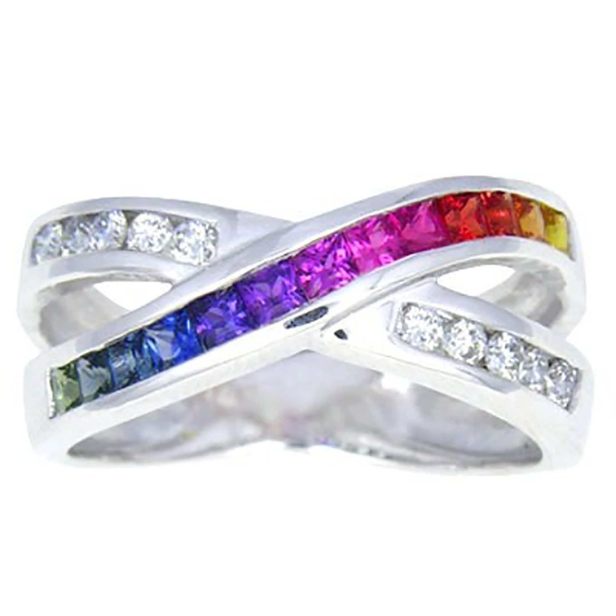925 Sterling Silver Rainbow Sapphire & Diamond Crossover Ring 6.5