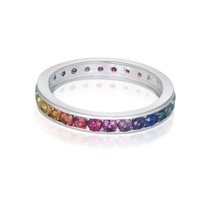 Sapphire Eternity Band Ring 925 Sterling Silver, Natural Gemstone Rainbow Band, Round Cut 2mm Gradual Color image 4