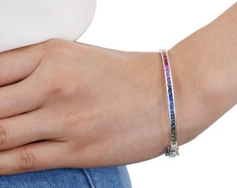 Sapphire Tennis 18K White Gold Stack Bangle Princess Rainbow Sapphire 8 Carats 2.5mm Personalized birthday gifts for her SKU: B1520-18K-WG