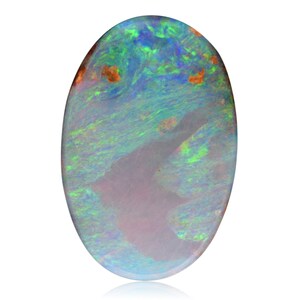 May include: A large oval-shaped opal gemstone with a blue, green, and white iridescent pattern. The opal has a light gray body tone with a few small brown inclusions.