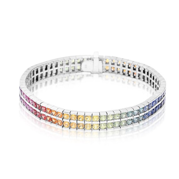 Rainbow Sapphire Tennis Bracelet 925 Sterling Silver Double