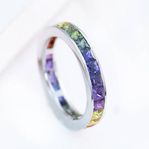 Multicolor Rainbow Sapphire Eternity Band Stack Ring 18K White Gold 5 Carat Natural Gemstone 2.8mm Princess Cut R2043-895-18K-WG