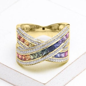 Criss Cross ring, Multicolor Rainbow Sapphire and diamond ring 18K Yellow Gold (3.5ct tw)
