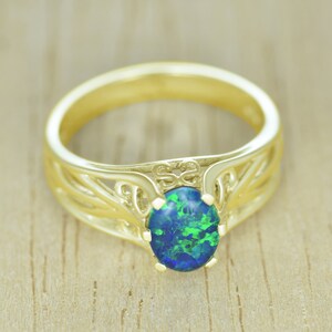 Black Opal Celtic Elven Ring Cutout Band 18K 14K Gold Ring Filigree Opal Engagement Ring Gold Anniversary Ring R2247