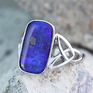 Celtic Silver Ring Trinity Knot Wicca Alternative Engagement Ring Rectangle Gemstone Solid Boulder Opal 7.38 Carat J23A002_ring