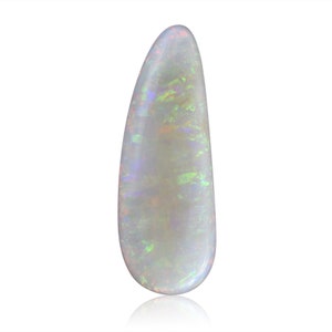 May include: A white opal gemstone with iridescent green and blue flashes. The opal is cut in a teardrop shape and has a smooth, polished surface.