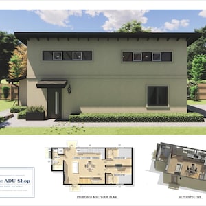 Könnte beinhalten: Architektonische Darstellung eines zweistöckigen Gebäudes mit Flachdach, Fenstern und einer Eingangstür mit Markise. Das Bild enthält einen Grundriss und eine 3D-Perspektive. Der Text "The ADU Shop" ist sichtbar.
