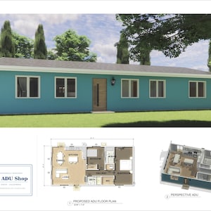 May include: A teal-colored house with a gray roof, white trim, and multiple windows. The image includes a floor plan and a perspective view of the house, along with a logo for "The ADU Shop."