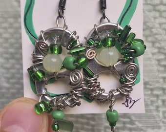 Upcycled Soda Tab Earrings | Green Fairycore Dangle Earrings | Wire Wrapped Sea Glass Jewelry