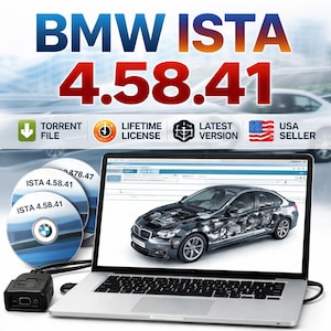 Könnte beinhalten: Ein Laptop mit einer Fahrzeugdiagnoseschnittstelle, mit dem Text "BMW ISTA 4.58.41" oben. Das Bild enthält zwei CDs, einen Diagnoseanschluss und Symbole für "Torrent File", "Lifetime License" und "Latest Version."