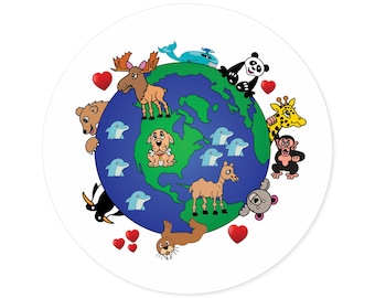 Earth with Cute Cartoon Animals Round Sticker | Indoor Outdoor