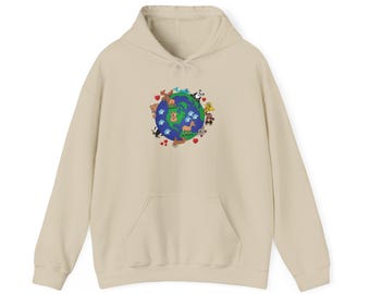 Cute Planet Earth Illustration Hoodie | Animals, Flowers, Eco Theme