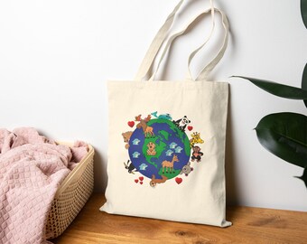 Cute Animal Planet Tote Bag | Earth Illustration, Eco Shopper