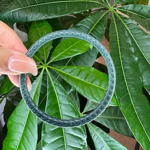 May include: A circular bangle bracelet featuring a dark teal, textured surface with a repeating pattern of small, raised, rounded segments that resemble a snake skin or reptilian scale design, creating a continuous, uniform, and tactile appearance.