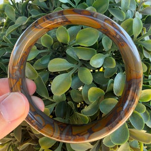 May include: A polished, circular bangle bracelet featuring a smooth, translucent surface with swirling patterns of deep brown, amber, and dark charcoal gray tones throughout the entire structure of the solid, rounded band.
