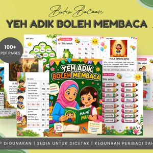 Op de afbeelding: Een verzameling van 100+ PDF-pagina's getiteld YEH ADIK BOLEH MEMBACA, met educatief leesmateriaal voor kinderen. De pagina's bevatten kleurrijke illustraties, lettergreepoefeningen en korte verhalen met diverse figuren.